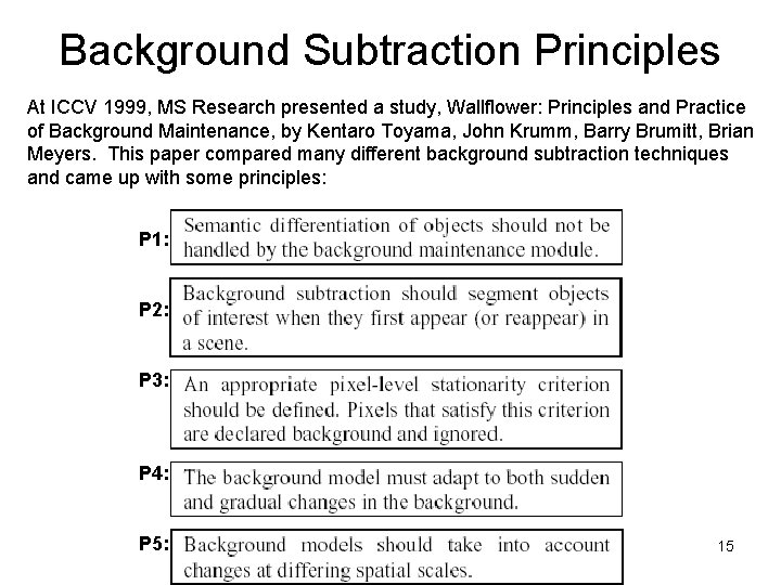 Background Subtraction Principles At ICCV 1999, MS Research presented a study, Wallflower: Principles and