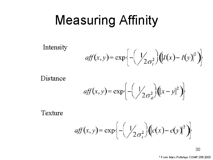 Measuring Affinity Intensity Distance Texture 30 * From Marc Pollefeys COMP 256 2003 
