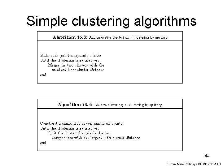 Simple clustering algorithms 44 * From Marc Pollefeys COMP 256 2003 