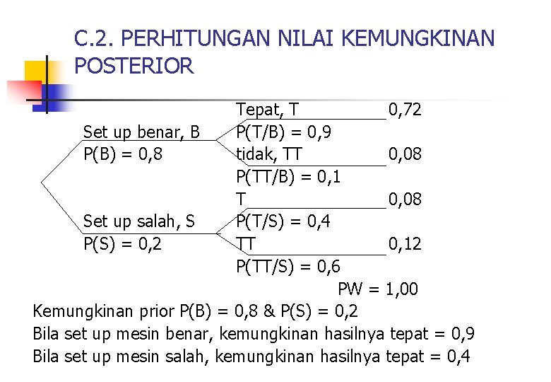 C. 2. PERHITUNGAN NILAI KEMUNGKINAN POSTERIOR Tepat, T 0, 72 Set up benar, B