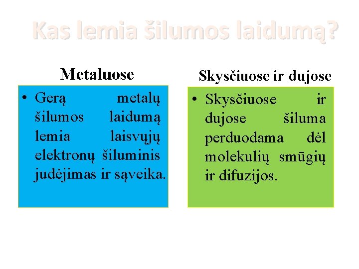 Kas lemia šilumos laidumą? Metaluose • Gerą metalų šilumos laidumą lemia laisvųjų elektronų šiluminis