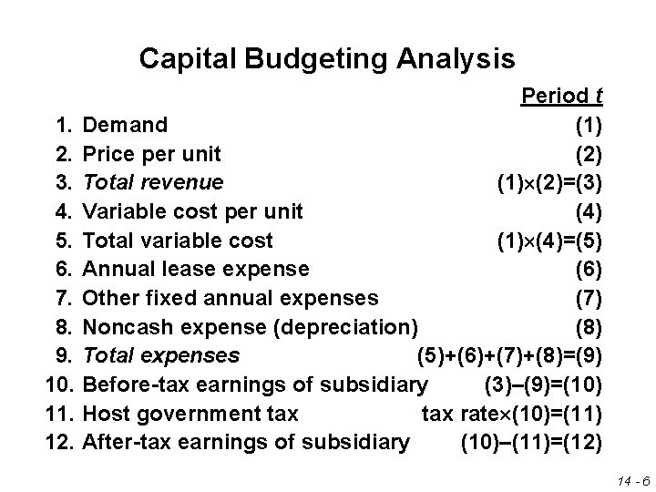 Capital Budgeting Analysis Period t 1. Demand (1) 2. Price per unit (2) 3.