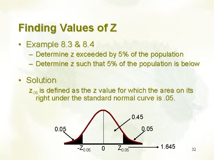 Finding Values of Z • Example 8. 3 & 8. 4 – – Determine