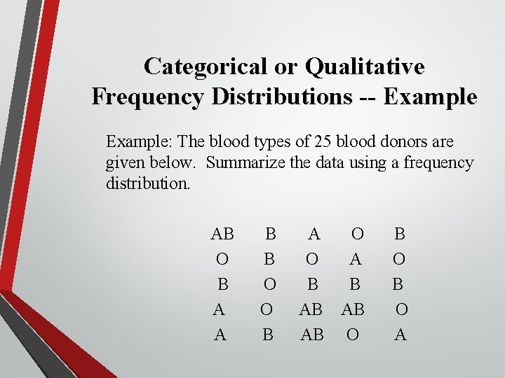 Categorical or Qualitative Frequency Distributions -- Example: The blood types of 25 blood donors