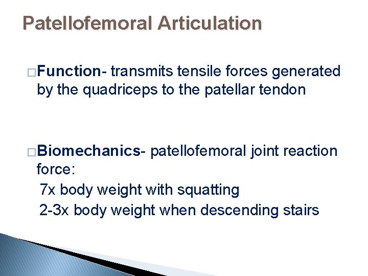 Patellofemoral Articulation �Function- transmits tensile forces generated by the quadriceps to the patellar tendon