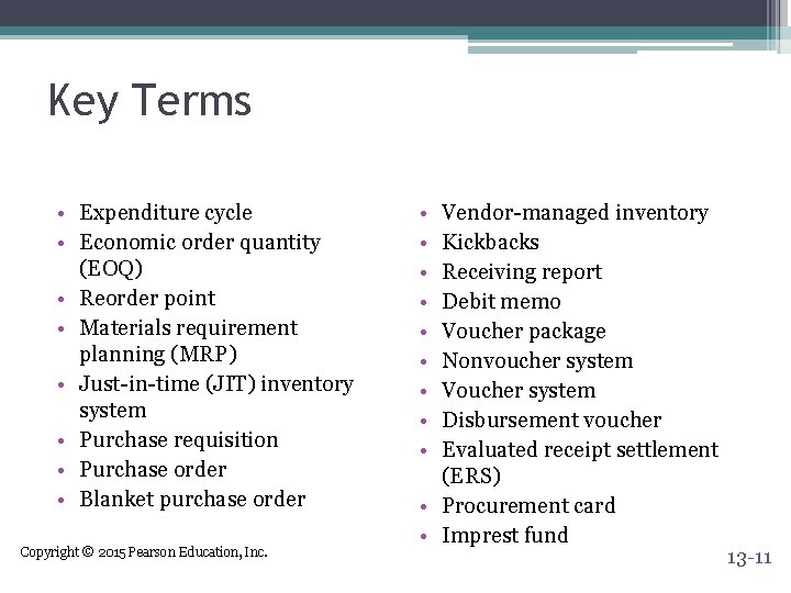 Key Terms • Expenditure cycle • Economic order quantity (EOQ) • Reorder point •