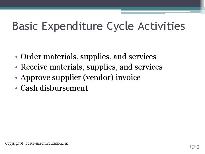 Basic Expenditure Cycle Activities • • Order materials, supplies, and services Receive materials, supplies,