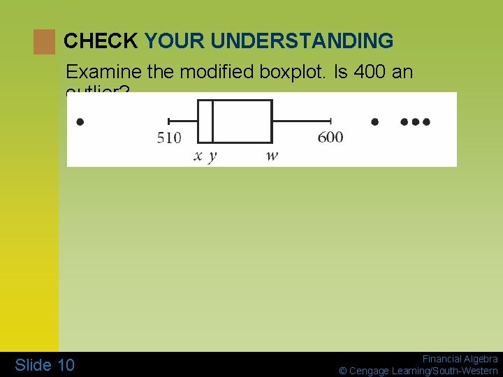 CHECK YOUR UNDERSTANDING Examine the modified boxplot. Is 400 an outlier? Slide 10 Financial