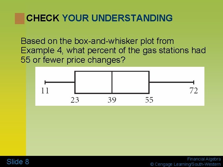 CHECK YOUR UNDERSTANDING Based on the box-and-whisker plot from Example 4, what percent of