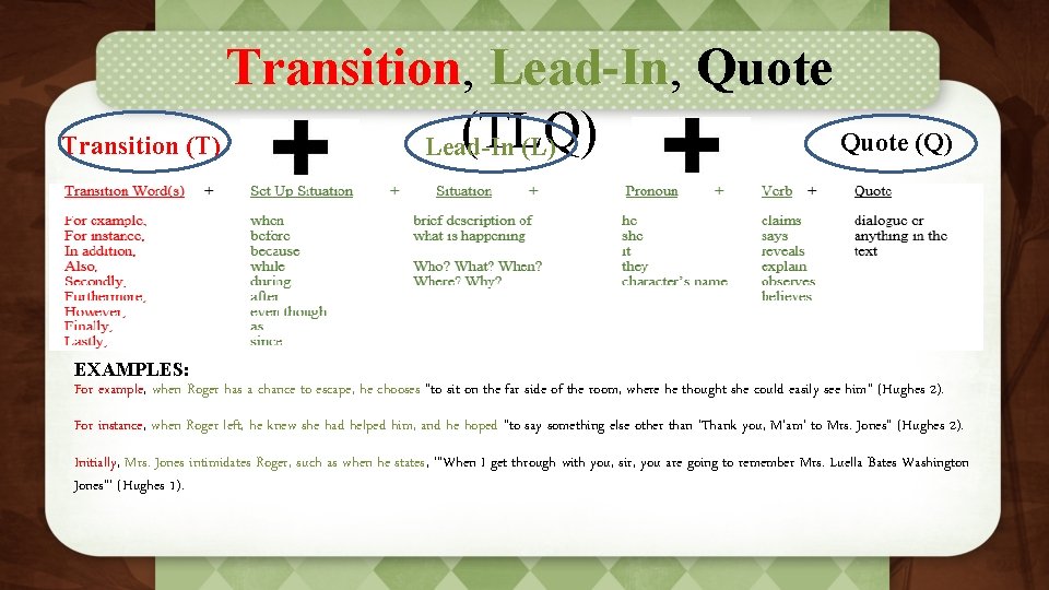 Transition, Lead-In, Quote (TLQ) Quote (Q) Transition (T) Lead-In (L) EXAMPLES: For example, when