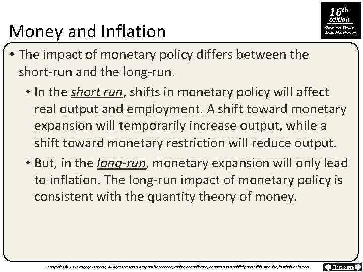 16 th Money and Inflation edition Gwartney-Stroup Sobel-Macpherson • The impact of monetary policy