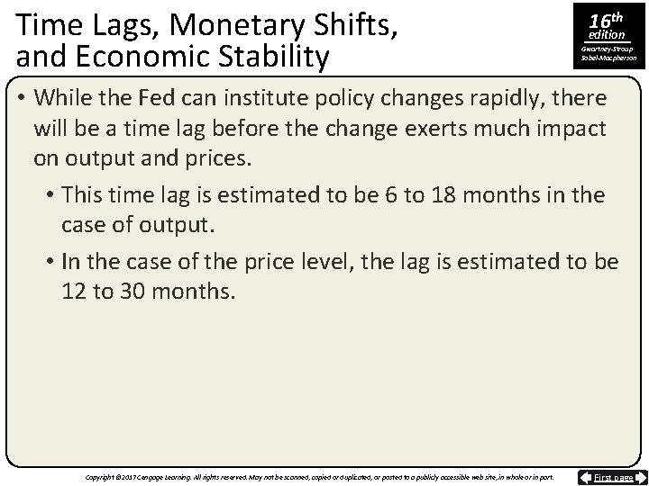 Time Lags, Monetary Shifts, and Economic Stability 16 th edition Gwartney-Stroup Sobel-Macpherson • While