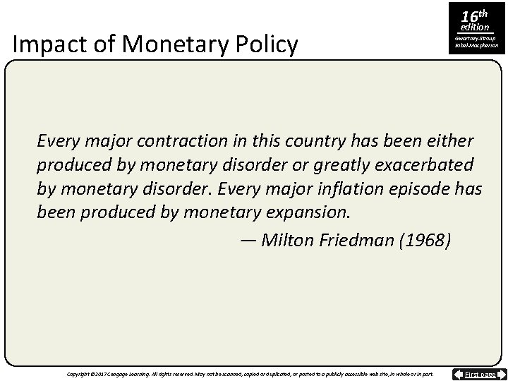 16 th Impact of Monetary Policy edition Gwartney-Stroup Sobel-Macpherson Every major contraction in this