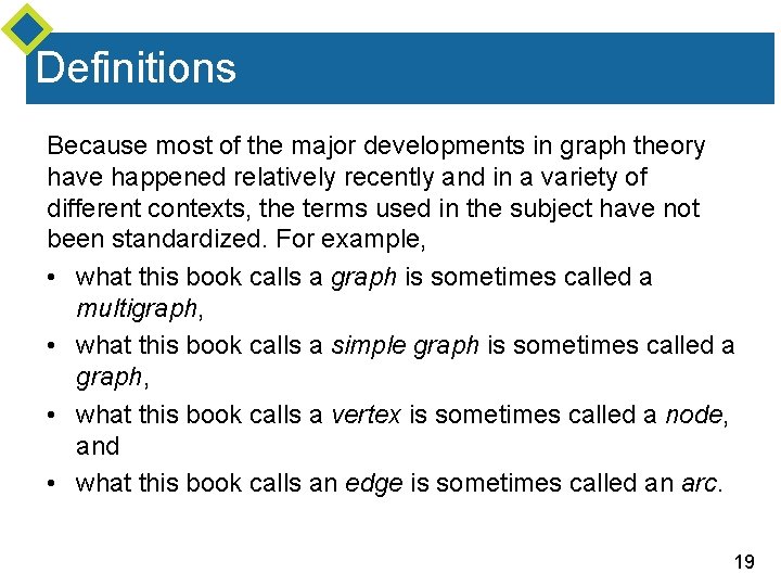Definitions Because most of the major developments in graph theory have happened relatively recently Definitions Because most of the major developments in graph theory have happened relatively recently