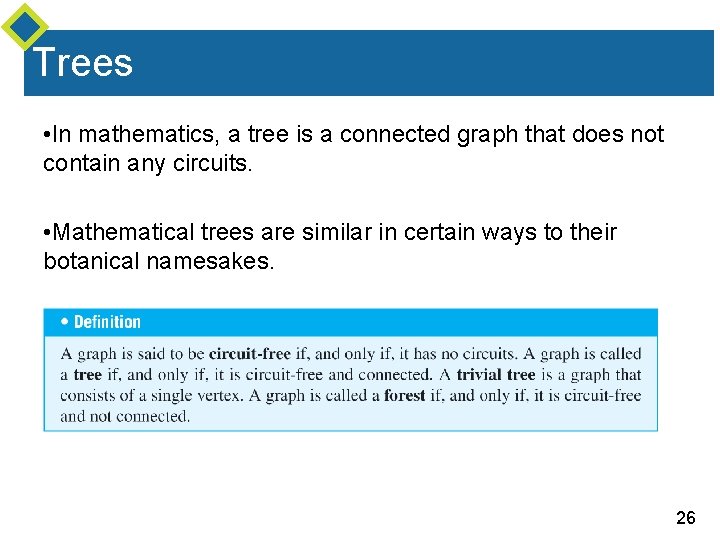 Trees • In mathematics, a tree is a connected graph that does not contain Trees • In mathematics, a tree is a connected graph that does not contain