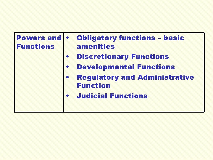 Powers and • Functions • • Obligatory functions – basic amenities Discretionary Functions Developmental