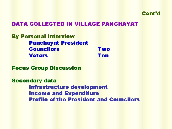 Cont’d DATA COLLECTED IN VILLAGE PANCHAYAT By Personal Interview Panchayat President Councilors Voters Two