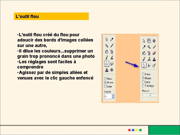 L'outil flou • L'outil flou créé du flou pour adoucir des bords d'images collées