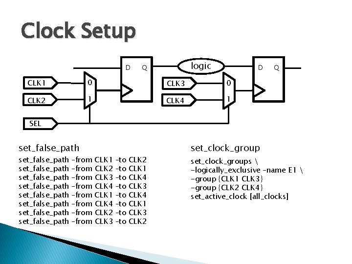 Clock Setup D logic Q D CLK 1 0 CLK 3 0 CLK 2