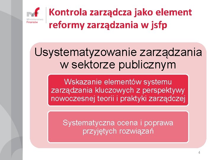 Kontrola zarządcza jako element reformy zarządzania w jsfp Usystematyzowanie zarządzania w sektorze publicznym Wskazanie