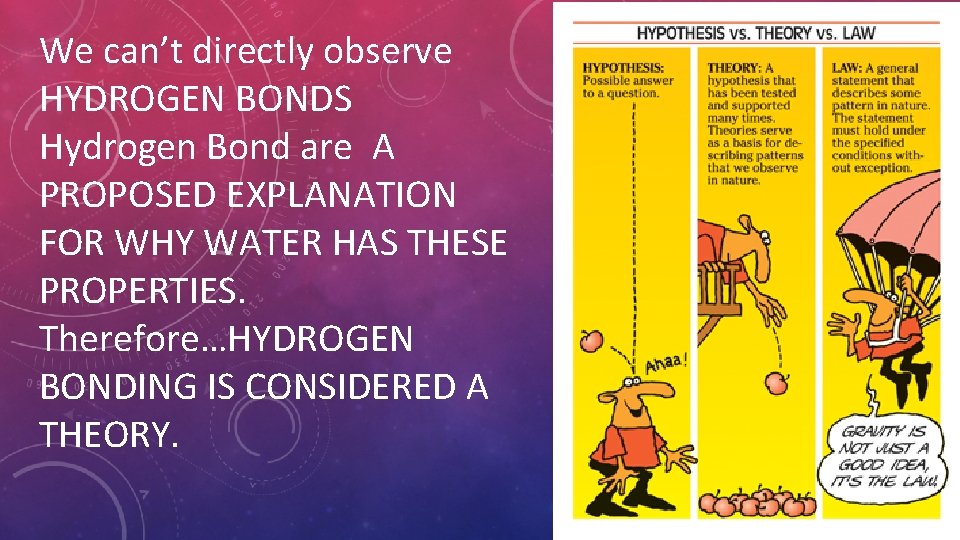 We can’t directly observe HYDROGEN BONDS Hydrogen Bond are A PROPOSED EXPLANATION FOR WHY