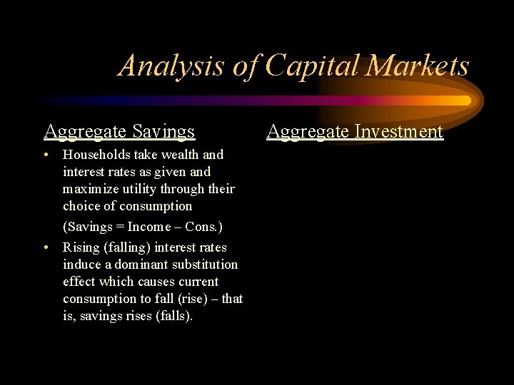 Analysis of Capital Markets Aggregate Savings • Households take wealth and interest rates as