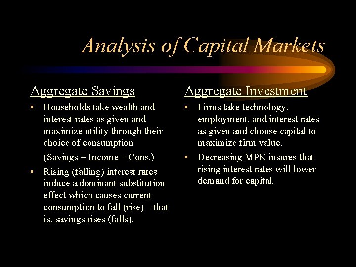 Analysis of Capital Markets Aggregate Savings Aggregate Investment • Households take wealth and interest