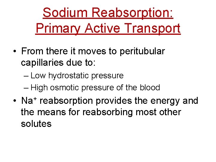 Sodium Reabsorption: Primary Active Transport • From there it moves to peritubular capillaries due