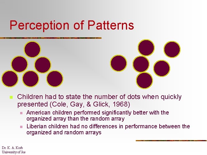 Perception of Patterns n Children had to state the number of dots when quickly