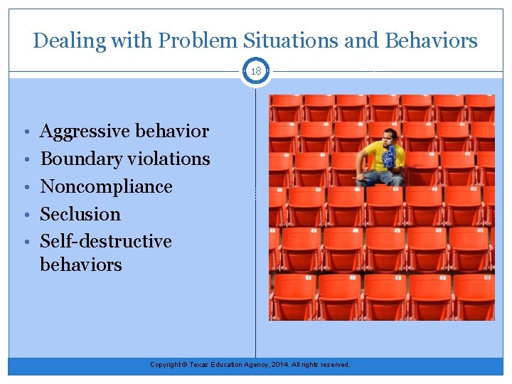 Dealing with Problem Situations and Behaviors 18 • Aggressive behavior • Boundary violations •