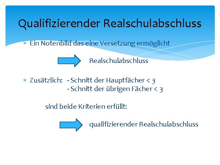 Qualifizierender Realschulabschluss Ein Notenbild das eine Versetzung ermöglicht Realschulabschluss Zusätzlich: - Schnitt der Hauptfächer