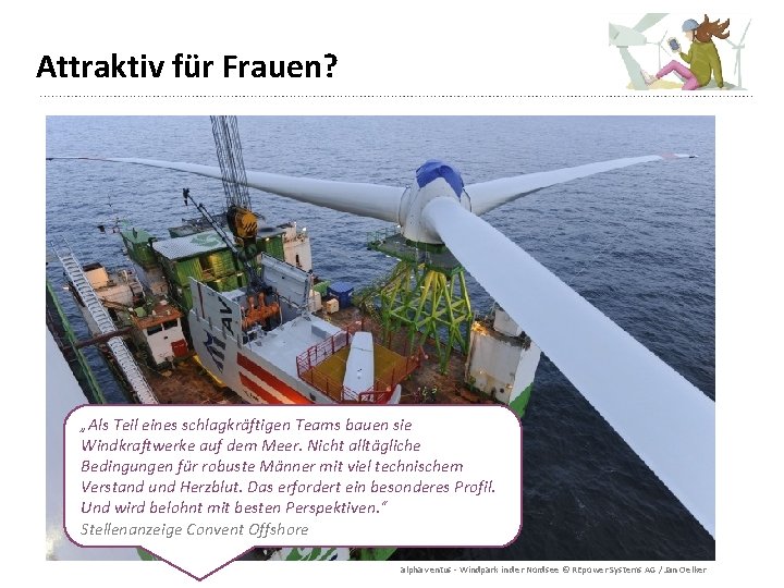 Attraktiv für Frauen? „Als Teil eines schlagkräftigen Teams bauen sie Windkraftwerke auf dem Meer.