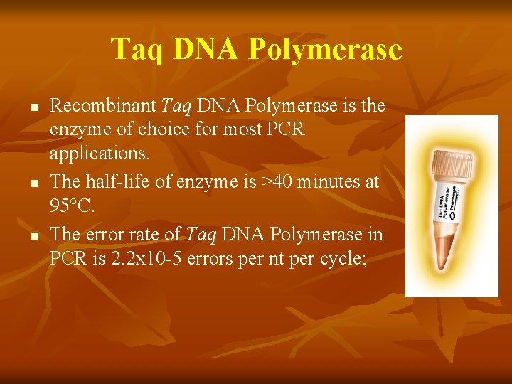 Taq DNA Polymerase n n n Recombinant Taq DNA Polymerase is the enzyme of