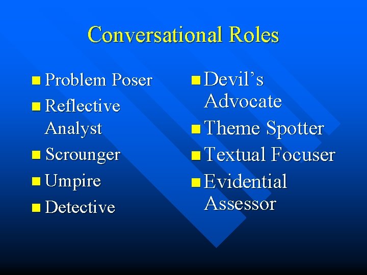 Conversational Roles n Problem Poser n Reflective Analyst n Scrounger n Umpire n Detective