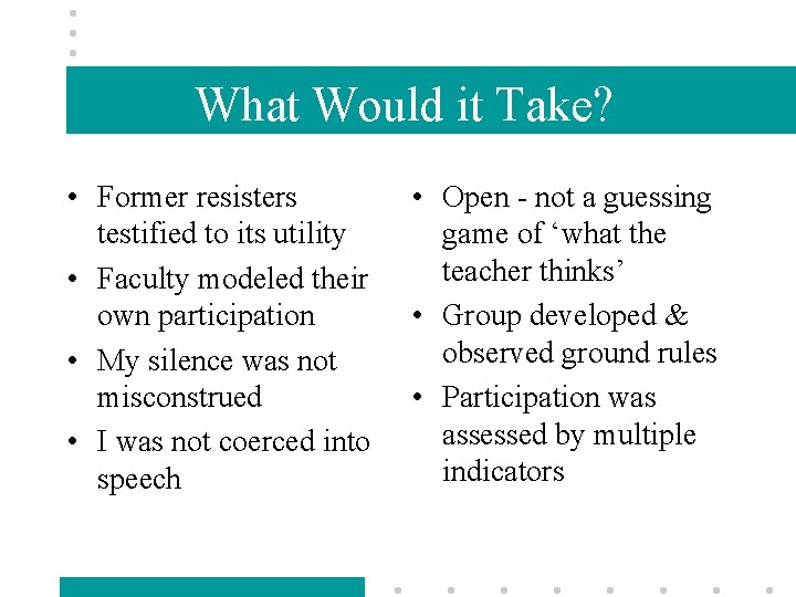 What Would it Take? • Former resisters testified to its utility • Faculty modeled