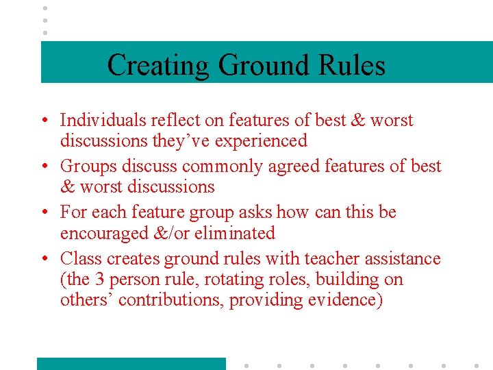 Creating Ground Rules • Individuals reflect on features of best & worst discussions they’ve