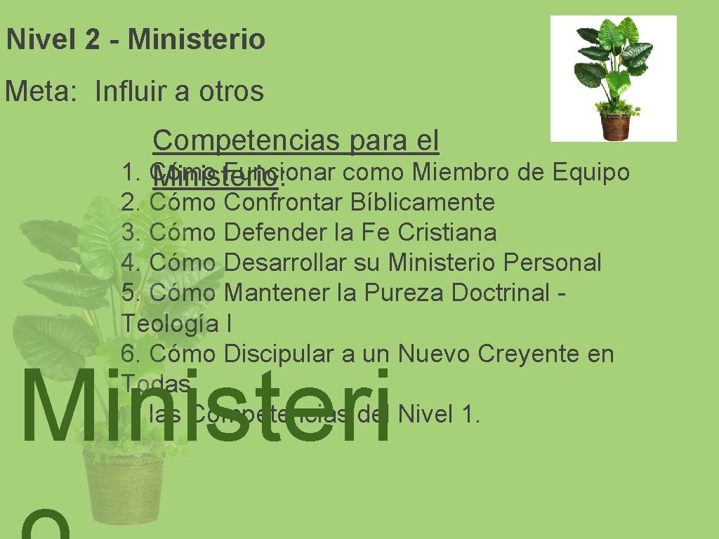 Nivel 2 - Ministerio Meta: Influir a otros Competencias para el 1. Cómo Funcionar