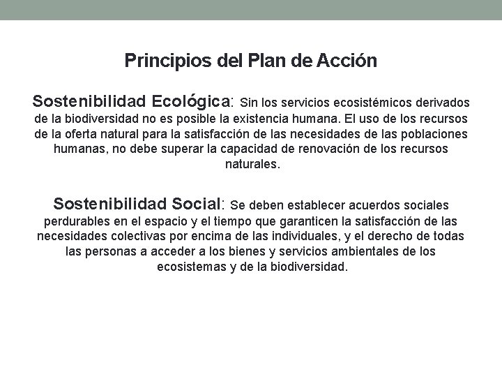  Principios del Plan de Acción Sostenibilidad Ecológica: Sin los servicios ecosistémicos derivados de