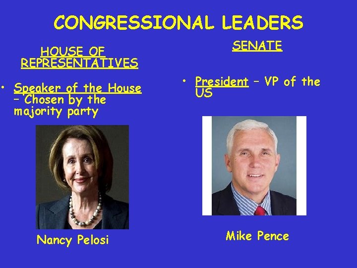 CONGRESSIONAL LEADERS HOUSE OF REPRESENTATIVES • Speaker of the House – Chosen by the