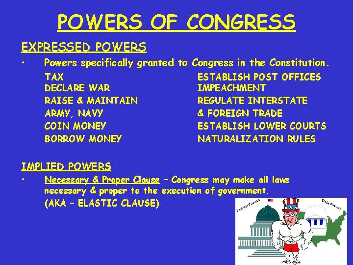 POWERS OF CONGRESS EXPRESSED POWERS • Powers specifically granted to Congress in the Constitution.