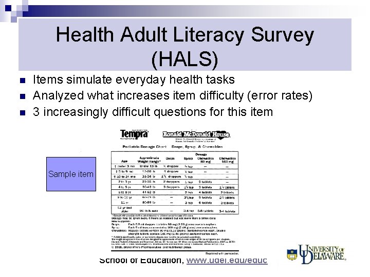 Health Adult Literacy Survey (HALS) n n n Items simulate everyday health tasks Analyzed