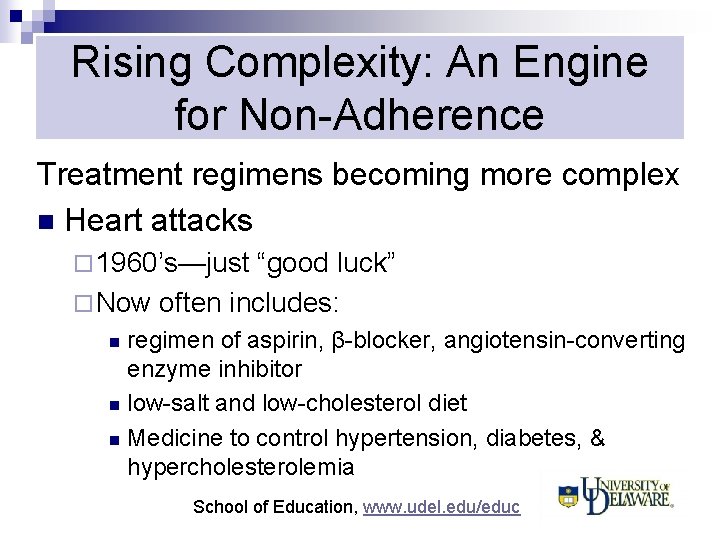 Rising Complexity: An Engine for Non-Adherence Treatment regimens becoming more complex n Heart attacks