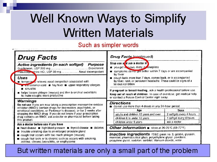 Well Known Ways to Simplify Written Materials Such as simpler words But written materials