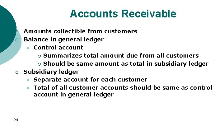 Accounts Receivable ¡ ¡ ¡ 24 Amounts collectible from customers Balance in general ledger