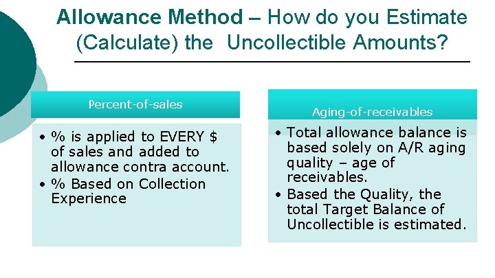 Allowance Method – How do you Estimate (Calculate) the Uncollectible Amounts? Percent-of-sales • %