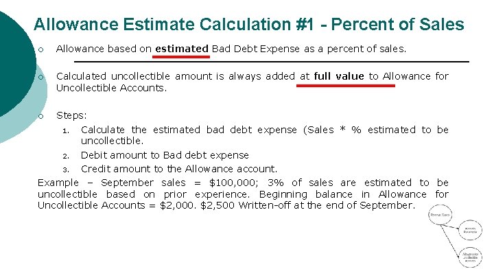 Allowance Estimate Calculation #1 - Percent of Sales ¡ Allowance based on estimated Bad
