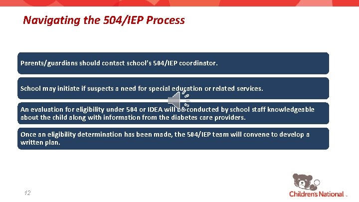 Navigating the 504/IEP Process Parents/guardians should contact school’s 504/IEP coordinator. School may initiate if