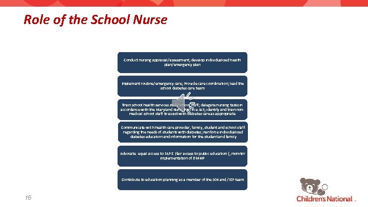 Role of the School Nurse Conduct nursing appraisal/assessment; develop individualized health plan/emergency plan Implement