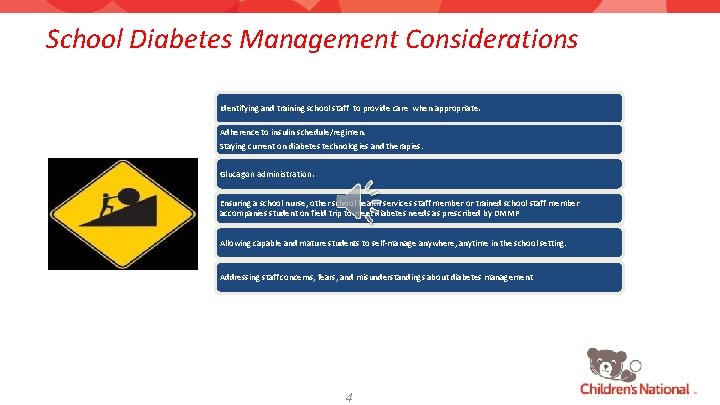 School Diabetes Management Considerations Identifying and training school staff to provide care when appropriate.