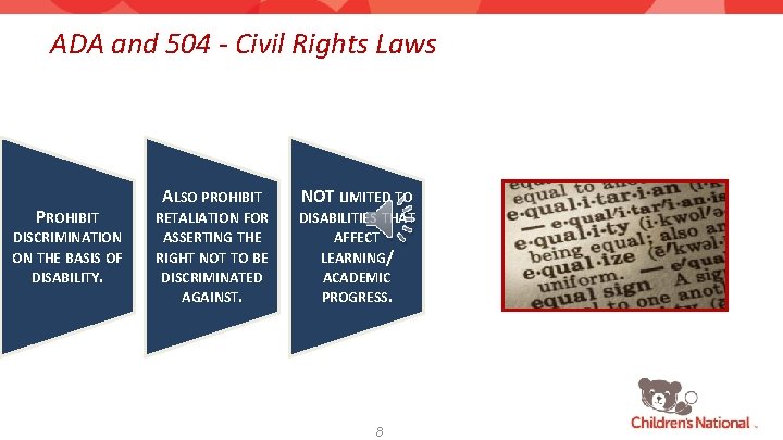 ADA and 504 - Civil Rights Laws PROHIBIT DISCRIMINATION ON THE BASIS OF DISABILITY.